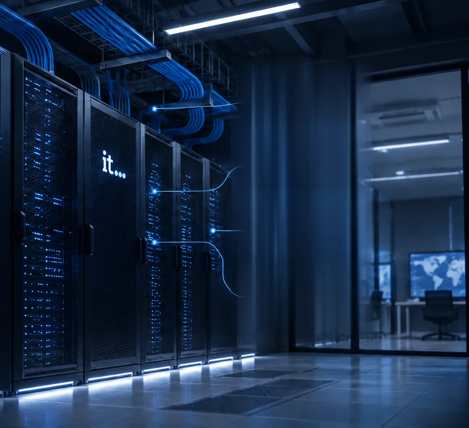 IT 011 engineered server and network infrastructure — rack cabinets, overhead cable trays and fiber links